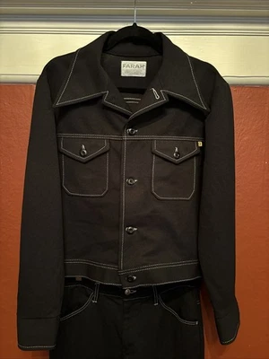 De colección Años 70 Farah Time Out Negro Poliéster Disco Chaqueta Pantalones Traje de Ocio Foto 1 de 4