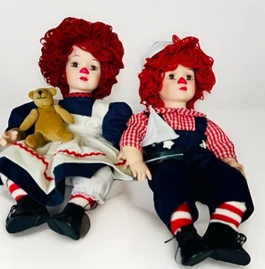 Vintage Raggedy Ann & Andy Porcelain Dolls 16” Seated Cloth Body Yarn Hair. CUTE - Picture 1 of 10