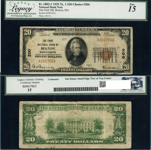 1929 Boston Mass 1929 Type 1 $20 Note First National Bank Charter 200 Legacy F15 - Picture 1 of 5