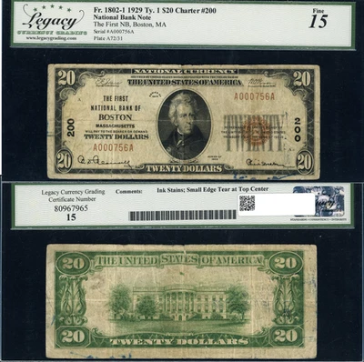 1929 Boston Mass 1929 Type 1 $20 Note First National Bank Charter 200 Legacy F15 - Image 1 of 4