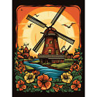 Sunrise Landscape Dutch Windmills Flowers Rockabilly 50s Huge Art Poster Print