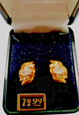 Orecchini Cz Oro Giallo 18kt Grappolo Ovale Swarovski Pietre Trasparenti Box - Immagine 1 di 4