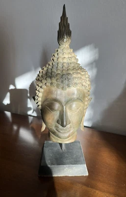12" BRONZE BUDDHA HEAD on wood & iron stand - Image 1 of 4