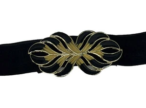VTG 1980s Stretch Belt Black Metal Leaf Floral Enamel Buckle Closure Rockabilly - Picture 1 of 7