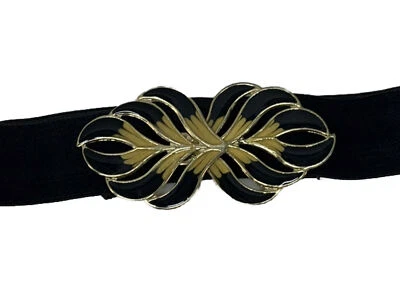 Винтажный 1980-х эластичный ремень черный металлический лист цветочная эмаль пряжка застежка рокабилли - Изображение 1 из 4