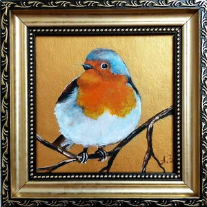 Pintura original de pájaro Robin enmarcada en oro pájaro en rama obras de arte arte arte de pájaros pequeños - Imagen 1 de 12