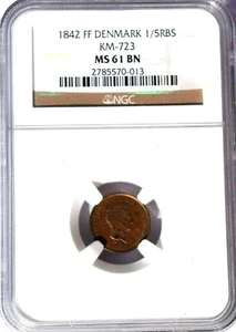 1842 FF Denmark 1/5 Rigsbankskilling, NGC MS 61, KM-723 - Picture 1 of 3