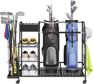 Golf Bag Organizer, Golf Bag Stand, Golf Club Holder with Wheels, 4 Removable Ho - Picture 1 of 12