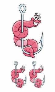 EXTRA LARGE SET Worm On A Hook Decals Fishing Bait Charter Boat Cast Bass Perch - Picture 1 of 1