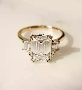 Huge Quality Ring 5Tcw Emerald Cut Lab Grown Solitaire Diamond 14k Yellow Gold - Picture 1 of 17