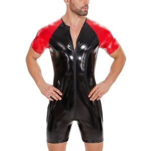 Body uomo zip manica corta pelle PVC lucido body wet look tute - Foto 1 di 6
