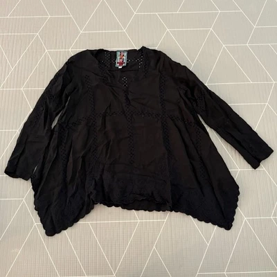 Johnny Was черная туника размер PXS отверстие вышитый носовой платок длинным рукавом - Изображение 1 из 4