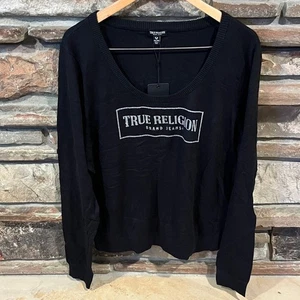True Religion Arch Logo Scoop Neck Jet Black Sweater - Picture 1 of 7