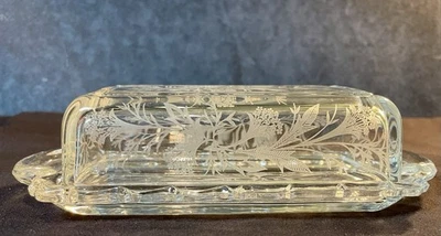 FREE SHIPPING, VINTAGE FOSTORIA Heather 2 Handled Covered Butter Dish, Etched - Image 1 of 4