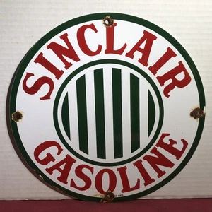 LETRERO A RAYAS DE GASOLINERA PORCELANA ACEITE MOTOR GASOLINA SINCLAIR DE COLECCIÓN - Imagen 1 de 6