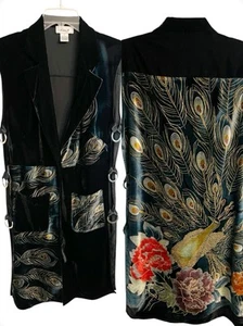 Vintage Anis. A Black Velvet Peacock Print Grommet Sides Long Kimono Size Small - Picture 1 of 8