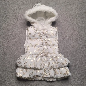 Little Lass Vest 5 Girls White Gold Floral Quilted Puffer Faux Fur Hood Ruffles - Picture 1 of 7