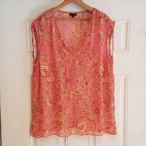 Talbots Top Womens Large Pink Paisley Sheer Sleeveless Tunic V-6 - Picture 1 of 12