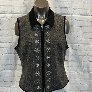 Talbots Large Gray Winter Snowflakes Velour Collar Christmas Lined Zip Vest - Picture 1 of 6