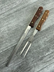 VTG Covington Cutlery Carving Knife Fork Set Wood Handle Stainless Thanksgiving - Picture 1 of 19