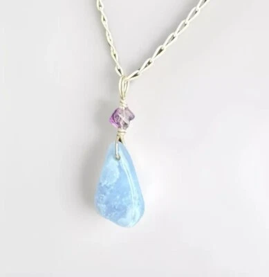 "Colgante de calcedonia azul italiano MJI 925 plata de ley 16"" cadena Rolo vintage" Foto 1 de 4