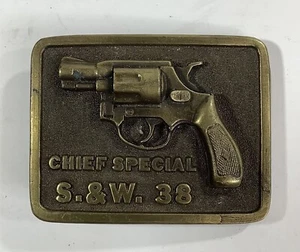 Vintage 70s Chief Special Smith & Wesson .38 Caliber Hand Gun Brass Belt Buckle - Picture 1 of 6