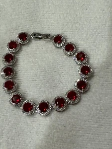 Women Cubic Zircon Red Color Silver tone Bracelet Size 7"L x .3"W - Picture 1 of 3