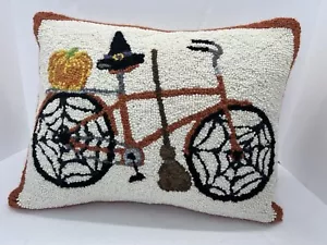 Halloween Witch Bicycle Throw Pillow Wool Hooked Pillow 17 X 14 Spider Webs - Picture 1 of 8