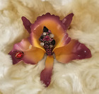 Joan Rivers Jeweled Pink Peach Enamel Orchid 3" Brooch with Earrings & Ladybug