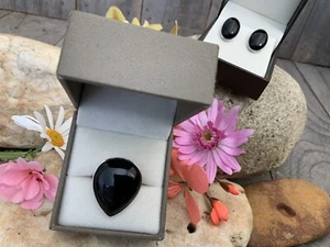925 Sterling Silver Ring & Studs Earrings With Black Stones - Size M½ Ring - Picture 1 of 16
