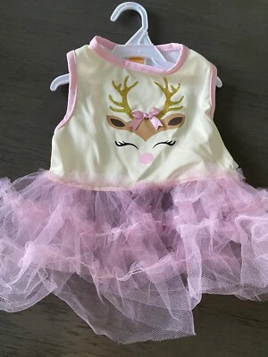 SIMPLY DOG CREAM & PINK "REINDEER FACE" CHRISTMAS DRESS Puppy/Dog MED - Image 1 of 2