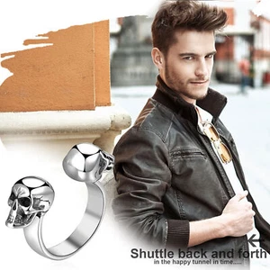 Anello Punk Uomo Biker 8MM Acciaio Inox Doppia Testa di Teschio Gotico Aperto Fascia 7-11 - Foto 1 di 7