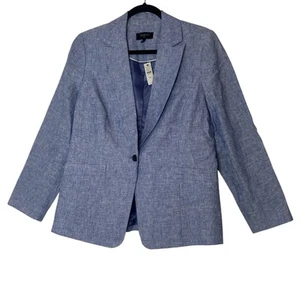 Talbots Chambray 100% Linen Blazer Jacket Women 12 P Blue Lined Career New - Picture 1 of 9