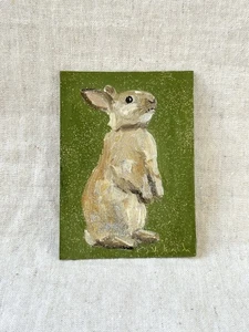 Original Ölgemälde Sammlerstück glänzender Hase Gemälde Tier klein ACEO Kunst - Bild 1 von 6