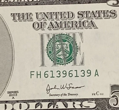 FH61396139A $5 Repeater Fancy Serial Number Five Dollar Bill 2003A CU - Image 1 of 3