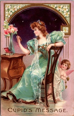 Mensaje de Cupido Postal Dama con Espejo y Cupido en Relieve Enviado por Correo 1910 Foto 1 de 2