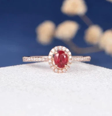 Lab Created Ruby 2CT Oval Cut Halo Engagement Bridal Ring 14K Rose Gold Plated - Image 1 of 4