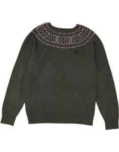 FRED PERRY Womens Boat Neck Jumper Sweater UK 14 Large Green Fair Isle AB05 - Picture 1 of 4