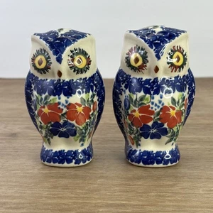Polnische Keramik Eule Salz und Pfefferstreuer von Kalich blau Blumenmuster - Bild 1 von 9