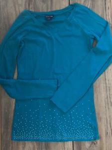 EUC Vintage Limited Too Y2K Teal Blue Long Sleeve Studded Ends Shirt Sz 16 Girls - Picture 1 of 1