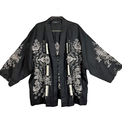 Jaqueta cardigã estilo quimono linho preto David Dart bordado com botão de nó Pankou - Imagem 1 de 4