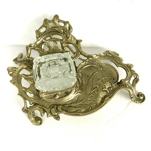 Vintage Ornate Solid Brass Inkwell Victorian Crystal Well Art Nouveau Ink Desk - Picture 1 of 8