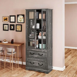 Kitchen Pantry Cabinet 76" Tall Farmhouse Cupboard with Glass Doors & 2 Drawers - Picture 1 of 11