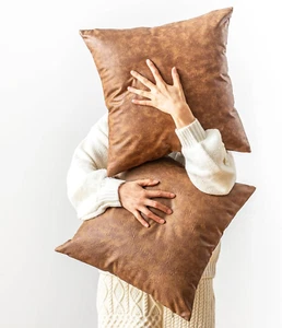 Pack of 2 Faux Leather Pillow Covers, Soft Rustic Farmhouse Neutral Vintage Deco - Picture 1 of 12