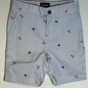 The Place Little Boy Sz 5 Shorts Blue Pin Stripe Palm Trees/Flamingos Zip/Button - Picture 1 of 10