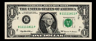 $1 1999 Federal Reserve Note Cool Serial Number B11111811P Almost Uncirculated - Image 1 of 2