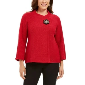JM Collection Womens Medium Sweater Red Metallic Wrap 3/4 Sleeve Brooch Holiday - Picture 1 of 13