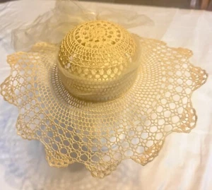 Vintage Crochet Girls Sun Garden Hat Straw Mesh Netting White Ribbons Cream - Picture 1 of 5