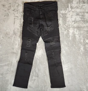 Fashion Nova Jeans Men's 32X32 (Tag 32) Black Moto Distressed Ripped Pre-Owned - Picture 1 of 14