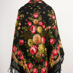Pavlovo Posad Shawl w/Floral Pattern, Black, Wool, 50 x 50 " 1194-18 BLACK EYES - Picture 1 of 6